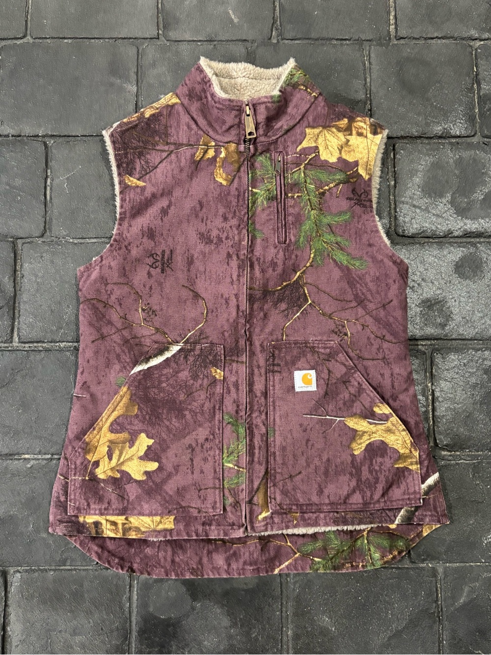 Carhartt womens Canvas Zip Up Sherpa Lined Vest Size XS Camo Purple Realtree